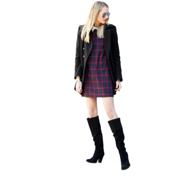 MNG By Mango Womens Size XXS Navy Red Check 3/4 Sleeve Shift Mini Dress NWT - Picture 5 of 14